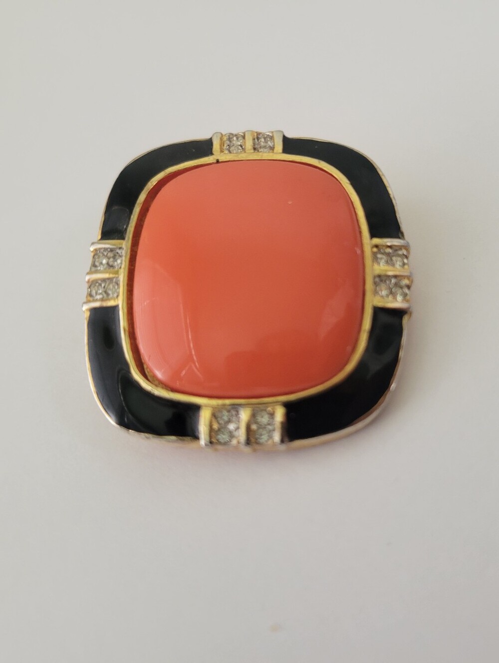 Vintage Kenneth Jay Brooch Pin Gold Tone Orange Cabochon Enamel Rhinestone